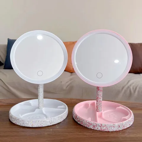 LED Lighted Makeup Mirror Tabletop Vanity Mirror With Touch Sensor Rhinestone Storage Tray Cosmetic Mirror For Desktop