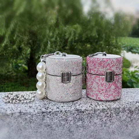 Damen Mode Strass Mini Umhängetasche Luxus Perlenkette Zylindrische Umhängetasche Süße Abend Clutch Handtasche