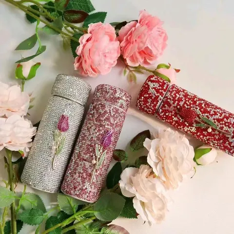 Tragbare Edelstahl Vakuum Isolierte Thermoskanne Taschen Trinkflasche Strass Tulpen Blume Reise Becher