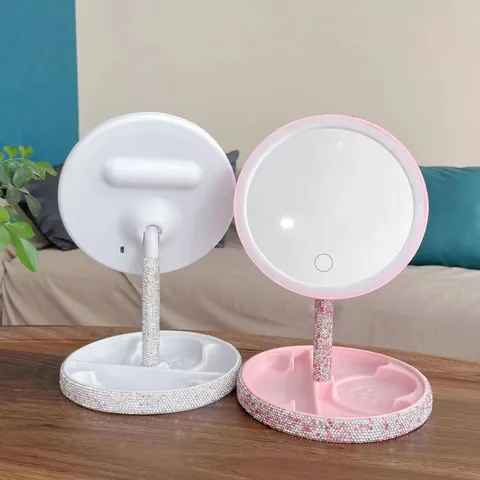 LED Lighted Makeup Mirror Tabletop Vanity Mirror With Touch Sensor Rhinestone Storage Tray Cosmetic Mirror For Desktop