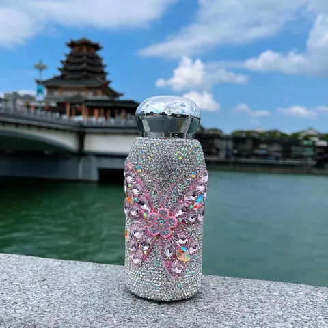 Edelstahl Strass Vakuumflasche Tragbare Taschengröße Thermosflasche Mit Schmetterling Design Für Outdoor Zuhause