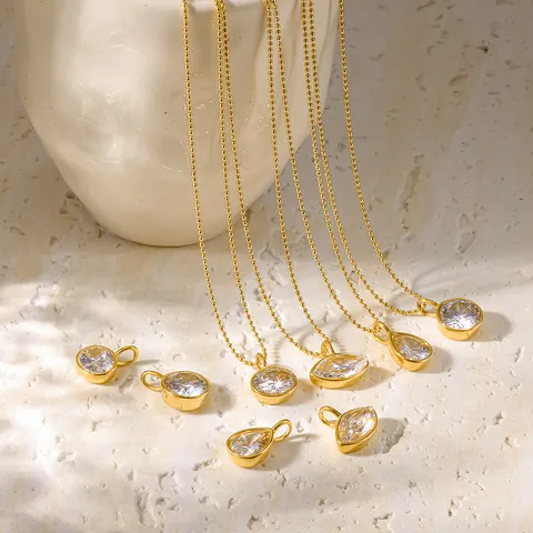 Minimalist Stainless Steel Zirconia Pendant Necklace For Women PVD Gold Plated Bead Chain Geometric Jewelry Waterproof Tarnish Resistant