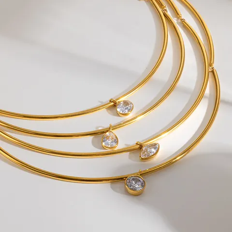 Minimalist Stainless Steel Zirconia Pendant Necklace Geometric Round Tube Splicing Torque Gold Plated Jewelry For Women