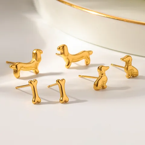Minimalistische Edelstahl Süße Dackel Hund Knochen Ohrstecker Set 18K Vergoldet Winzige Welpen Tier Ohrringe Für Damen Täglich Schmuck Geschenk