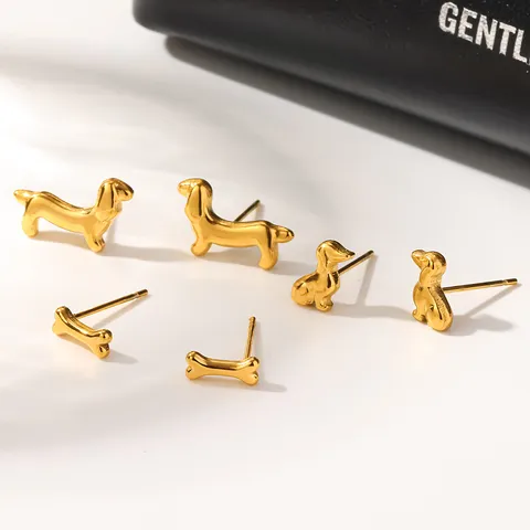Minimalistische Edelstahl Süße Dackel Hund Knochen Ohrstecker Set 18K Vergoldet Winzige Welpen Tier Ohrringe Für Damen Täglich Schmuck Geschenk