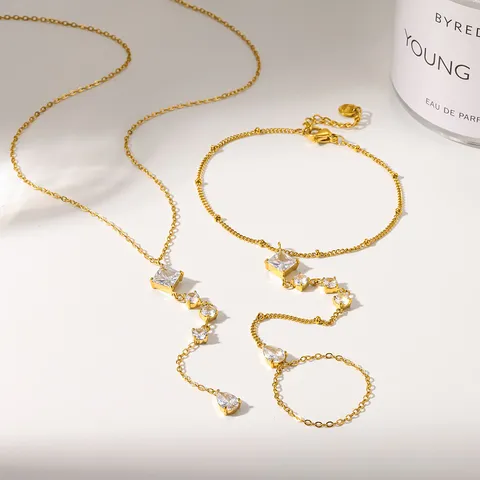 Collar de Acero Inoxidable Chapado en Oro 18K Circonia Gota de Agua Pulsera de Mano para Mujer Joyería Geométrica de Lujo