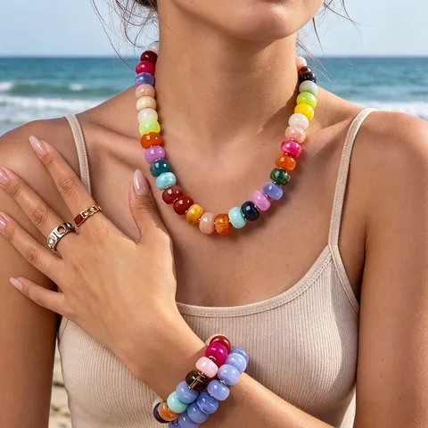 Set Collana e Bracciale con Perline di Acrilico Colorato in Stile Boho per Donna Gioielli in Acciaio Inossidabile Placcato Oro Accessori da Vacanza