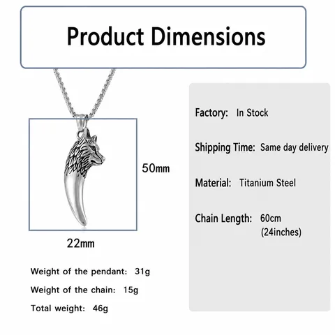 Collier Pendentif Dent de Loup en Acier Titane pour Hommes Vintage Punk Hip Hop Tête de Loup Pendentif Animal Argent Poli Bijoux Homme
