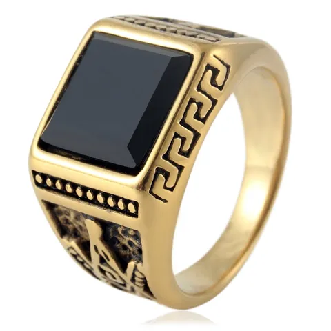 Vintage Punk Titanium Steel Men Masonic Ring Square Black Onyx Signet Ring Geometric Great Wall Pattern Letter G Retro Jewelry