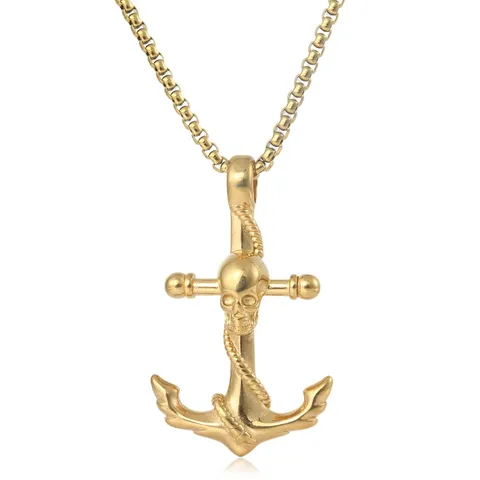 Hip Hop Punk Skull Anchor Necklace Titanium Steel Pendant Vintage Distressed Stainless Steel Chain Necklace For Men Jewelry
