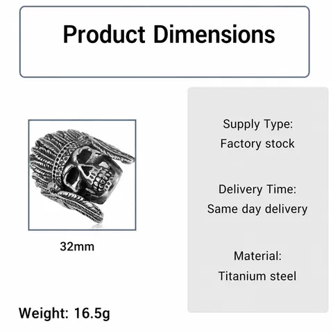 Retro Indian Chief Skull Ring For Men Vintage Titanium Steel Gothic Punk Biker Ring Silver Finger Ring Jewelry Gift