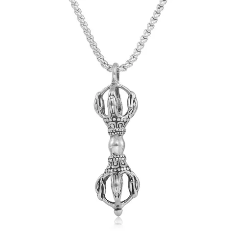 Punk Stainless Steel Vajra Pestle Pendant Necklace For Men Women Vintage Hollow Out Geometric Amulet Charm Talisman Jewelry Hip Hop Polished Steel Pendant With Chain