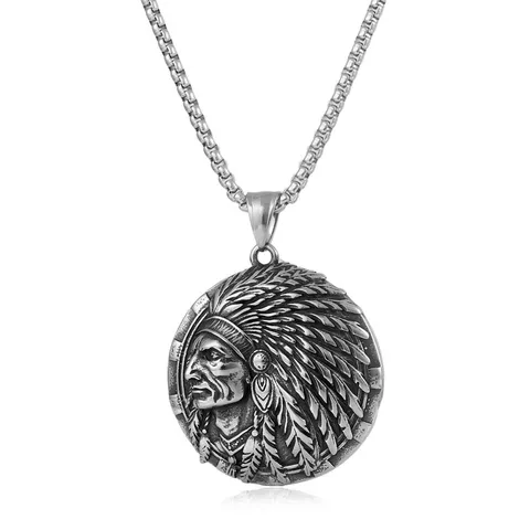 Collana con Ciondolo a Capo Indiano in Acciaio al Titanio retrò per Uomo Collana con Catena a Moneta geometrica Goffrata Rotonda Vintage Gioielli Punk gotici