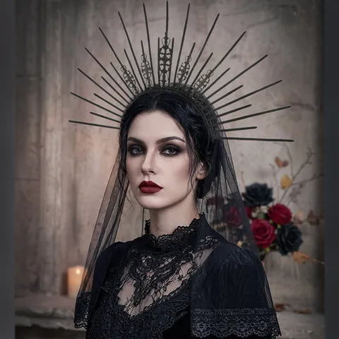 Gothic Halloween Dark Sunburst Crown Headband With Black Lace Veil Vintage Royal Bride Costume Hair Accessories For Party Women