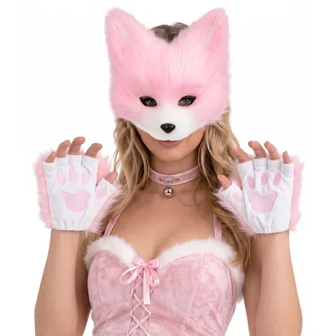 Halloween Simulation Cat Fox Plush Mask Faux Fur Animal Paws Gloves Long Tail Costume Set For Cosplay Dressing Up Party Dress Prop