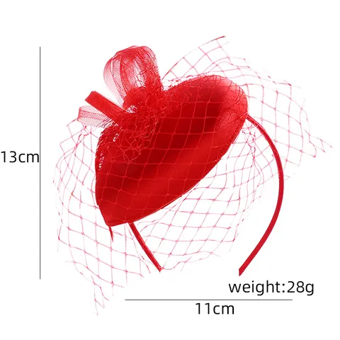Vintage Mesh Pillbox Hat with Veil Red Black Fascinator Hat Heart Shape Feather Hair Accessory for Wedding Party Women Retro Style