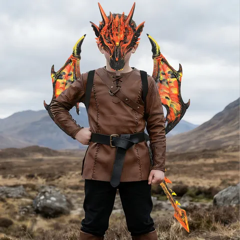 Halloween Kinderen Draak Kostuum Set Ultralicht Drakenschubben Masker Vleugels Staart Cosplay Requisieten Voor Vakantiefeest Rollenspel Benodigdheden