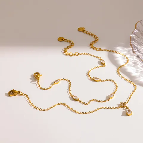 Gold Plated Stainless Steel Flower Anklet With Cubic Zirconia Marquise Water Drop Zirconia Layered Anklets Waterproof Tarnish Resistant Jewelry For Women