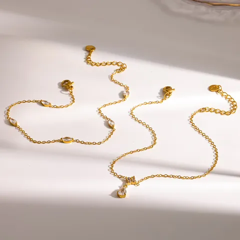 Gold Plated Stainless Steel Flower Anklet With Cubic Zirconia Marquise Water Drop Zirconia Layered Anklets Waterproof Tarnish Resistant Jewelry For Women