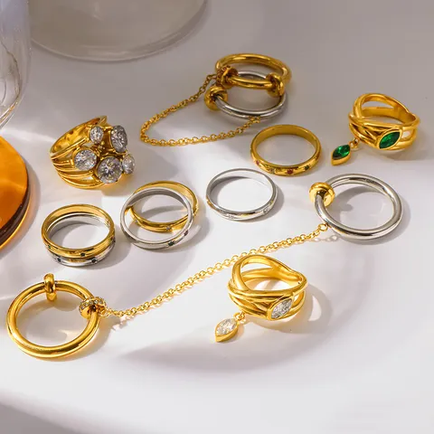 18K Vergoldeter Edelstahl Zirkonia Stapelbarer Ring Für Damen Ins Stil Wasserdicht Anlaufbeständig Schmuck Mehrschichtige Kette Stern Ring