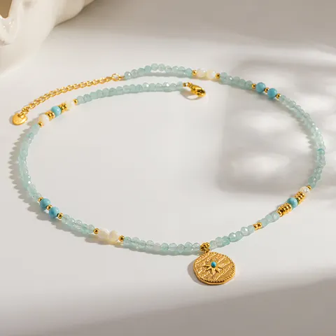 Ins Vert Menthe Pierre Naturelle Collier en Acier Inoxydable Pendentif Étoile Plaqué Or Choker Chaîne Perlée Fait Main Bijoux de Cou pour Femme