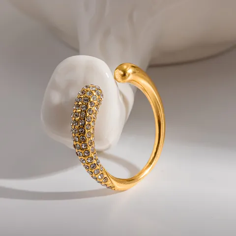 18K Gold Plated Stainless Steel Open Ring For Women Waterproof Tarnish Resistant Water Drop Rhinestone Inlaid Niche Finger Ring