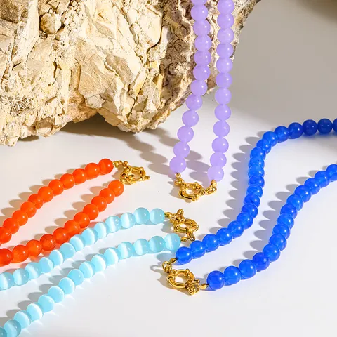 Moda Collana Girocollo in Acciaio Inossidabile Placcato Oro 18K Perline di Vetro Cat Eye Catena della Clavicola Fatta a Mano Gioielli da Donna