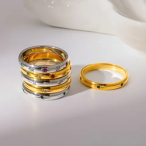 Stainless Steel 18K Gold Plated Colorful Cubic Zirconia Star Ring For Women Waterproof Tarnish Resistant Fine Finger Ring Jewelry