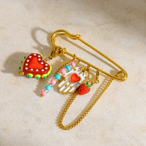 18K Vergoldet Edelstahl Herz Brosche Pin Acryl Erdbeere Hand Der Fatima Anhänger Sicherheitsnadel Brosche Schmuck Damen