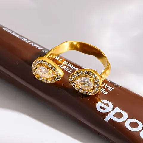 18K Gold Plated Stainless Steel Open Ring Double Water Drop Zirconia Ring Waterproof Tarnish Resistant Jewelry For Women