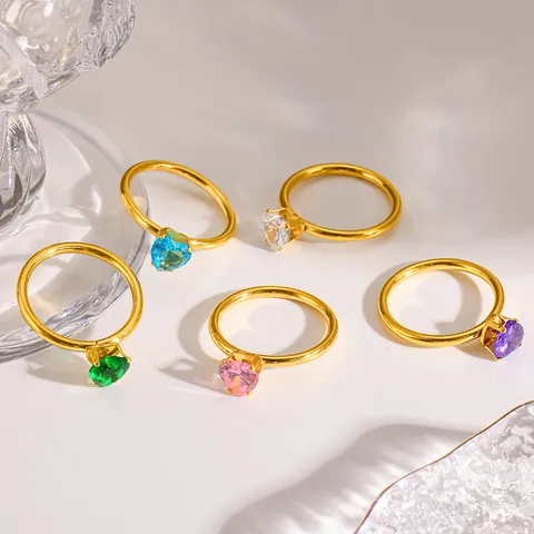 Ins Style 18K Gold Plated Stainless Steel Heart Zirconia Ring Colorful Heart Ring Waterproof Tarnish Resistant Finger Jewelry For Women