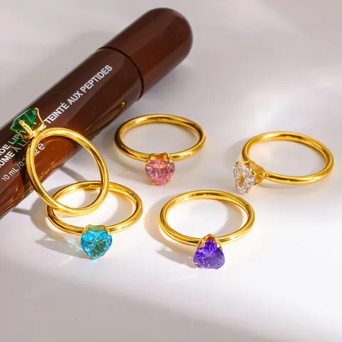 Ins Style 18K Gold Plated Stainless Steel Heart Zirconia Ring Colorful Heart Ring Waterproof Tarnish Resistant Finger Jewelry For Women