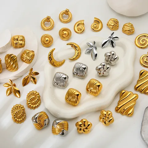 Pendientes de Botón Geométricos de Hoja de Acero Inoxidable Minimalistas para Mujer Chapados en Oro Plata PVD Joyería Impermeable