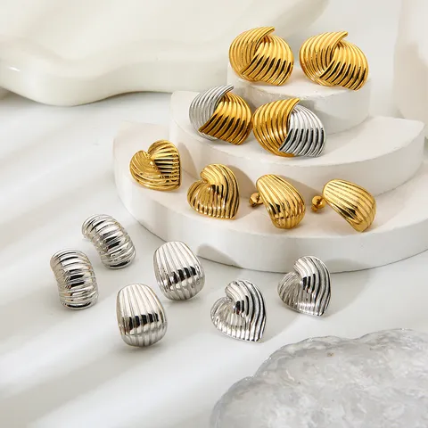 Stainless Steel Striped Heart Geometric Stud Earrings Gold Silver Plated Waterproof Tarnish Resistant Earrings For Women Daily Jewelry