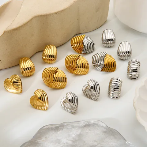 Stainless Steel Striped Heart Geometric Stud Earrings Gold Silver Plated Waterproof Tarnish Resistant Earrings For Women Daily Jewelry