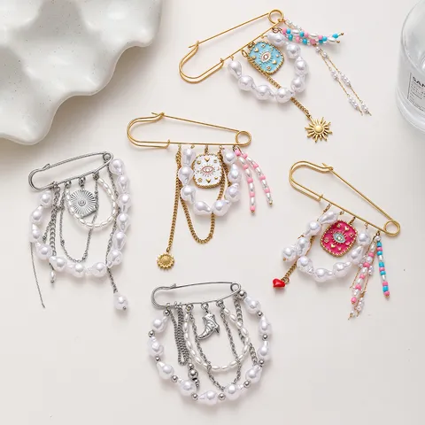 Stainless Steel Artificial Pearl Tassel Pendant Brooch Safety Pin Waterproof 18K Gold Plated Evil Eye Heart Brooch Pin For Women Clothing Accessories Jewelry Gift