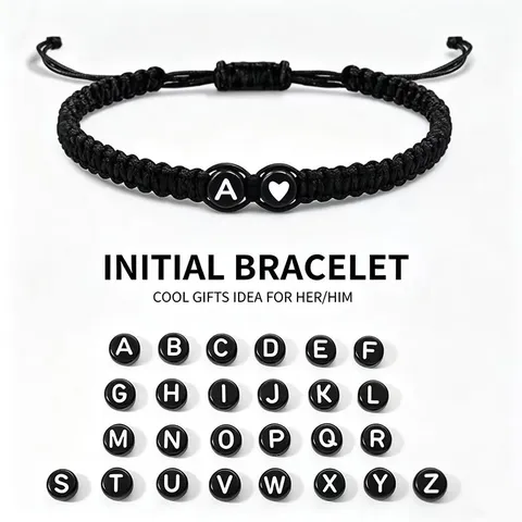 Pulsera Inicial Tejida a Mano Para Parejas Cordón Negro Cuenta Con Letra y Corazón Joyería Ajustable Regalo San Valentín