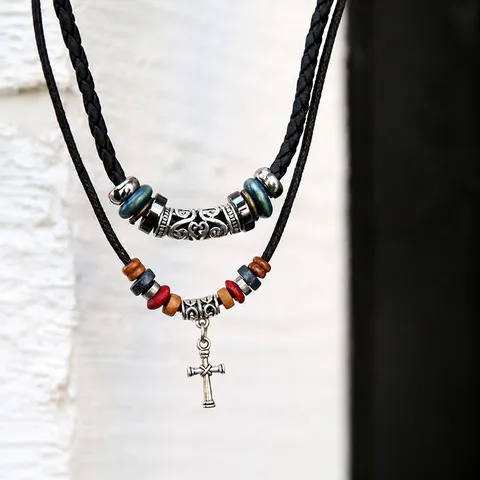 Vintage Heren Anker Kruis Hanger Halsketting Gevlochten Leren Koord Houten Kraal Meerlaagse Etnische Punk Sieraden Cadeau