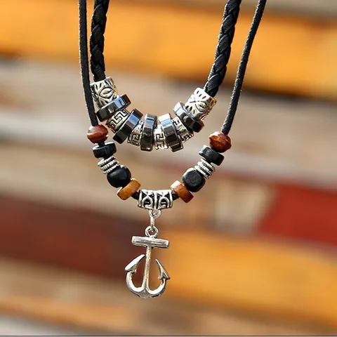 Vintage Herren Anker Kreuz Anhänger Halskette Geflochtene Lederschnur Holzperle Mehrlagiger Ethno Punk Schmuck Geschenk Für Männer
