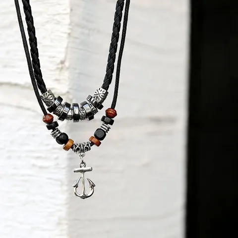 Vintage Herren Anker Kreuz Anhänger Halskette Geflochtene Lederschnur Holzperle Mehrlagiger Ethno Punk Schmuck Geschenk Für Männer