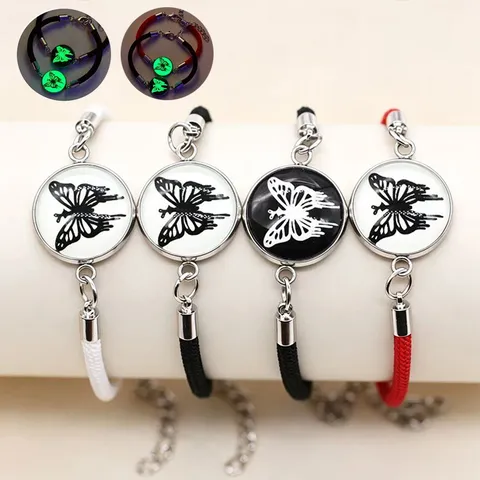 Leuchtende Schmetterling Edelstahl Glas Zeit-Edelstein Geflochtenes Seil Paar Armbänder Mode Schmuck Geschenk Für Liebhaber Valentinstag