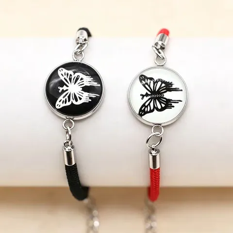 Leuchtende Schmetterling Edelstahl Glas Zeit-Edelstein Geflochtenes Seil Paar Armbänder Mode Schmuck Geschenk Für Liebhaber Valentinstag