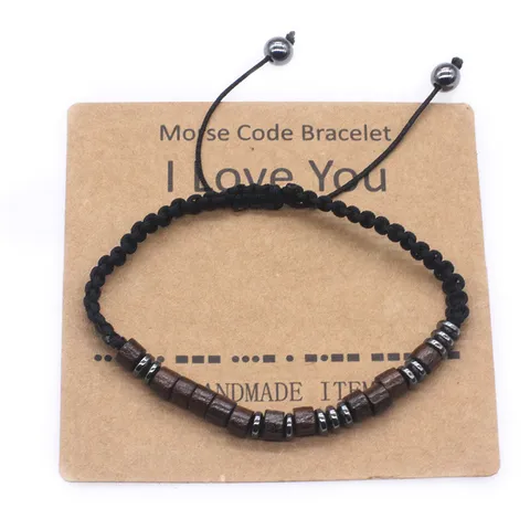 Handmade Morse Code Braided Bracelet For Couples Adjustable Wood Hematite Beaded String Hand Rope Jewelry Gift For Women Men