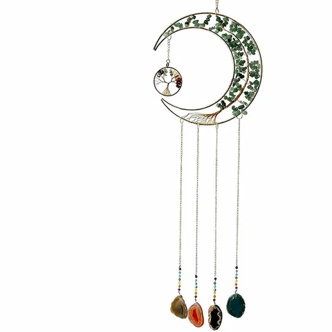 Capteur de Rêves Arbre de Vie Lune Carillon Éolien Avec Tranches d'Agate Naturelle Éclats de Cristal Ornement Suspendu Maison
