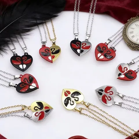 Colliers de Couple Assortis en Alliage de Zinc Forme Cœur et Cygne pour Hommes Femmes Pendentif Magnétique Bijoux Cadeau