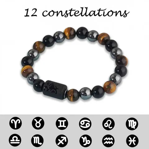 Handmade 8mm Natural Tiger Eye Obsidian Hematite Zodiac Sign Beaded Bracelet Elastic String Healing Energy Jewelry For Women Men
