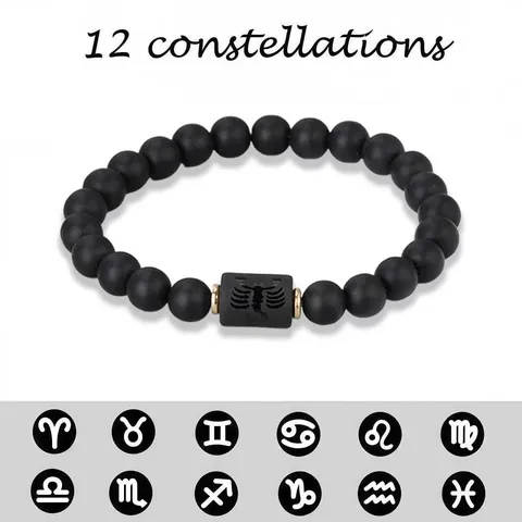 Twelve Zodiac Signs Black Frosted Agate Beaded Bracelet For Couples Unisex Elastic Buddha Beads Simple Fashion Jewelry Gift