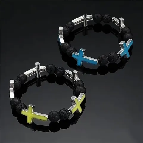 Gothic Luminous Cross Jewelry Set Volcanic Stone Beaded Bracelet Glowing Pendant Necklace Hip Hop Punk Unisex Jewelry Ornaments