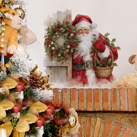 Natale Babbo Natale Cesto di Fiori Adesivo Murale PVC Autoadesivo Rimovibile Decorativo Impermeabile Stampa Decalcomania da Muro Per Casa Soggiorno Camera da Letto