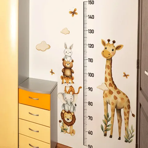 Cartoon Animal Height Growth Chart Wall Sticker For Kids Room Cute Giraffe Stacked Lion Elephant PVC Self Adhesive Removable Measurement Ruler Decal